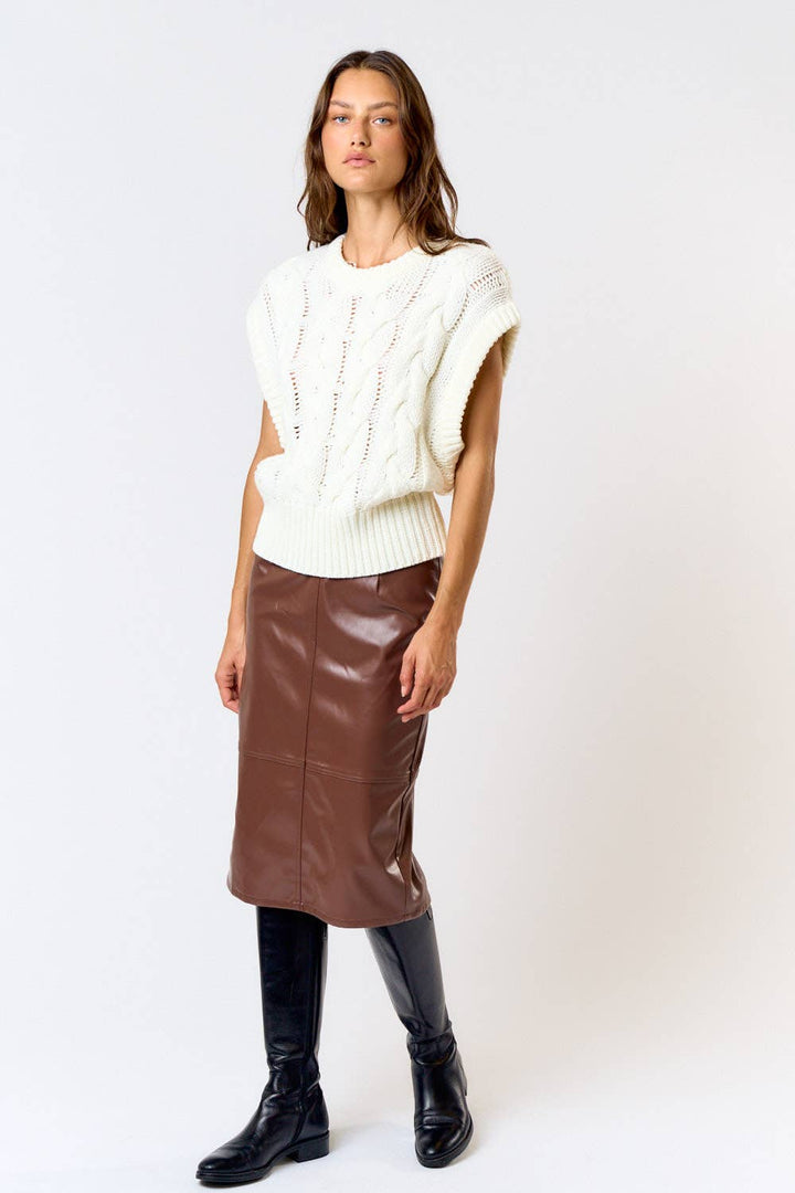 Black High Waist Leather Midi Skirt