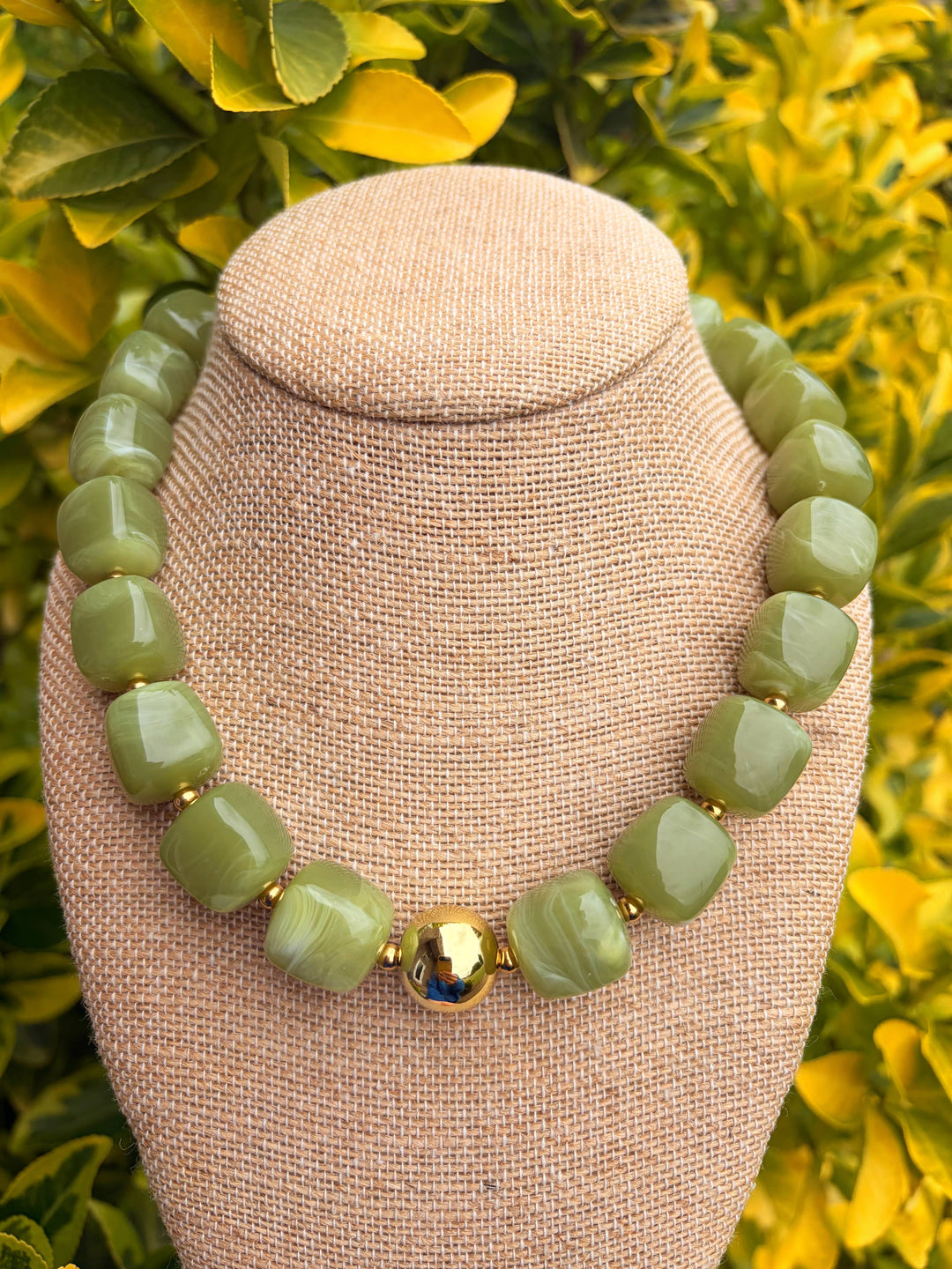 Green Cube Bead Necklace with Gold Ball