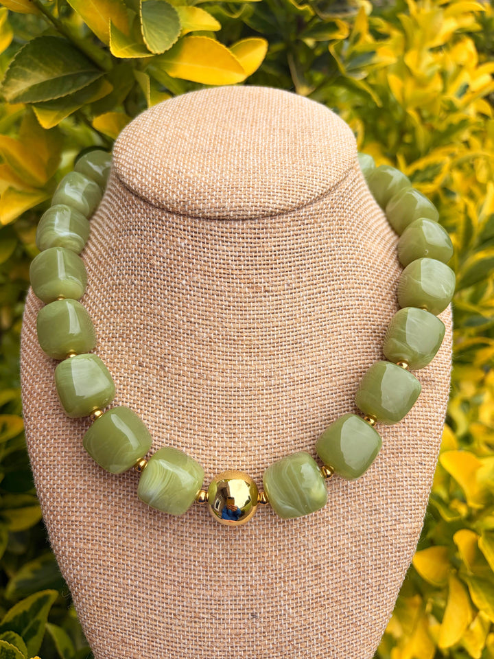 Green Cube Bead Necklace with Gold Ball