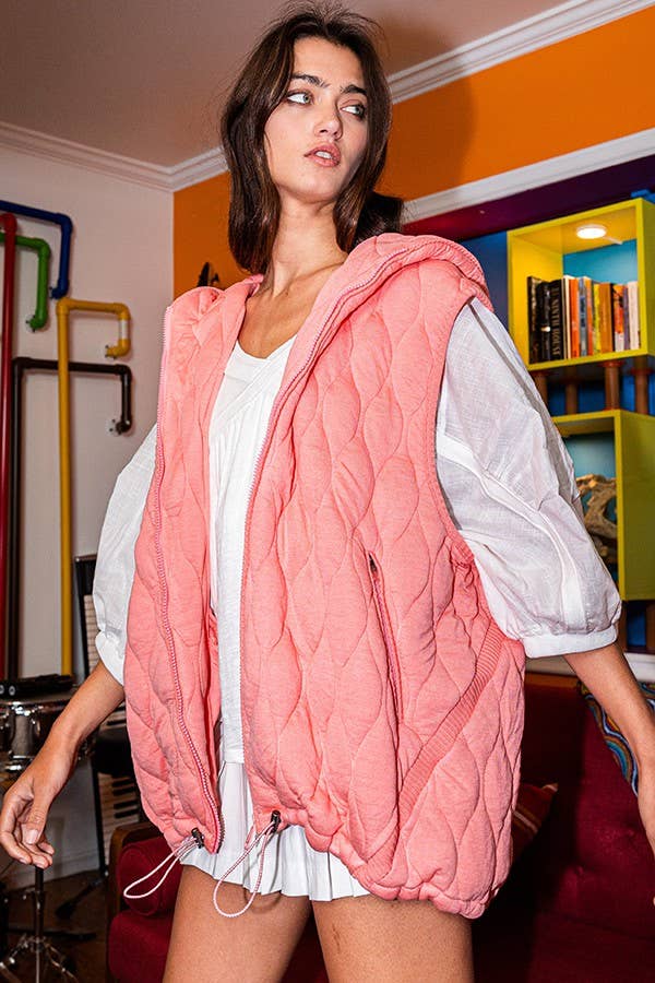 Quilted Hooded Zip-Up Vest Coral