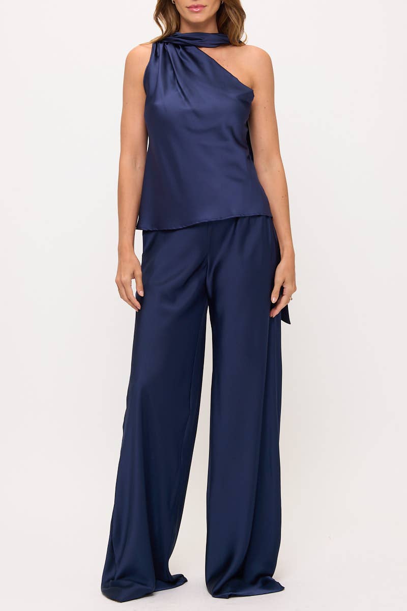 Navy Satin Top w Scarf Detail