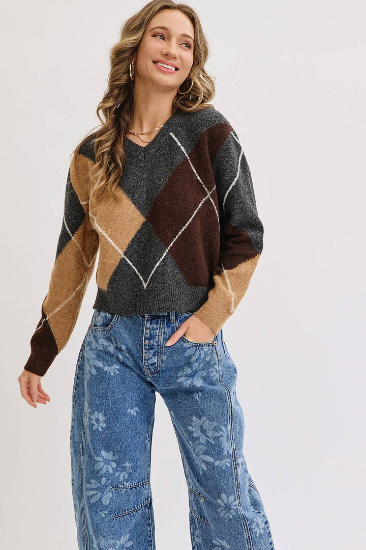 Charcoal Wine Camel  V-Neck Argyle Sweater
