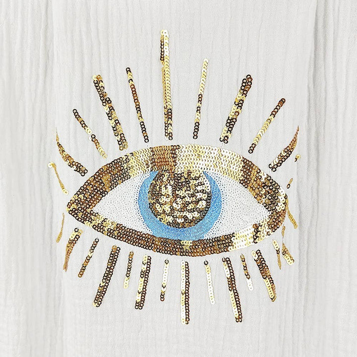 White Gauze Button-Down Coverup with Eye Design