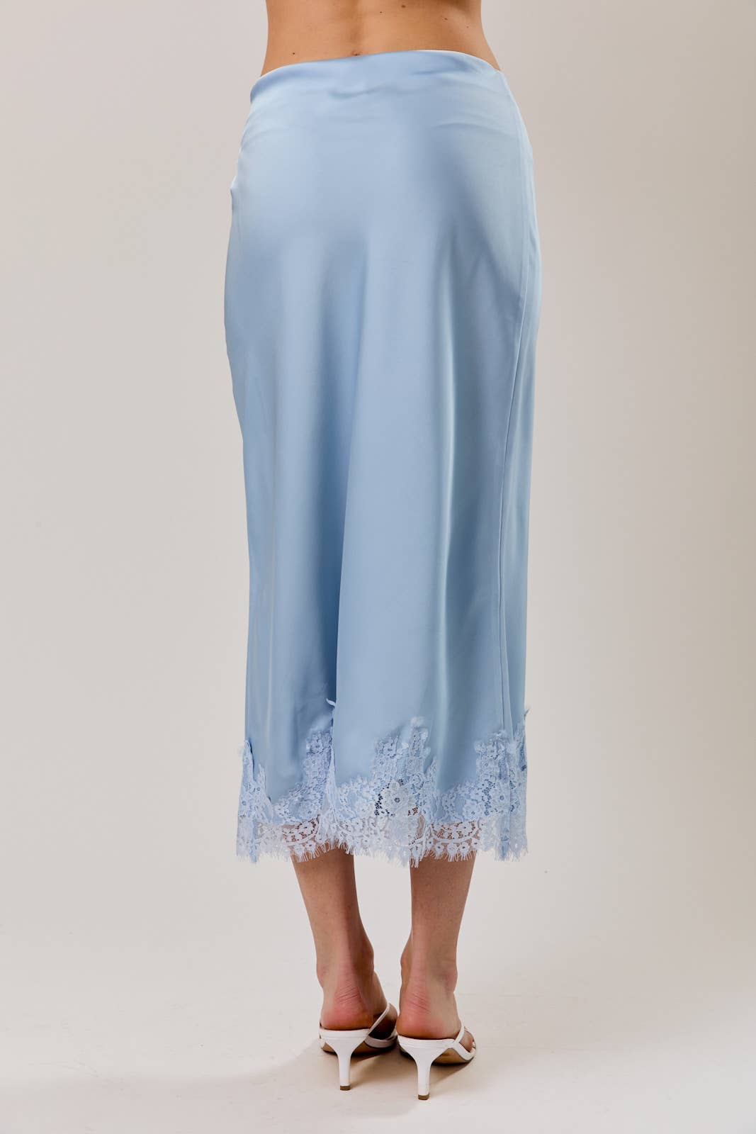Sky Blue L ace Applique Satin Midi Skirt