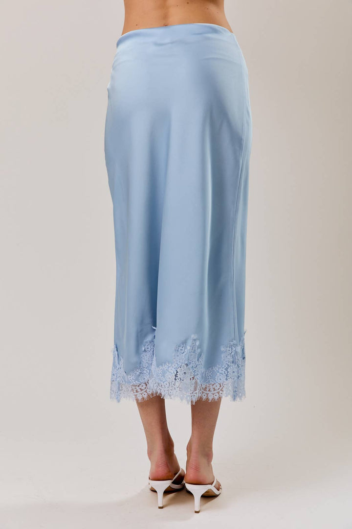 Sky Blue L ace Applique Satin Midi Skirt