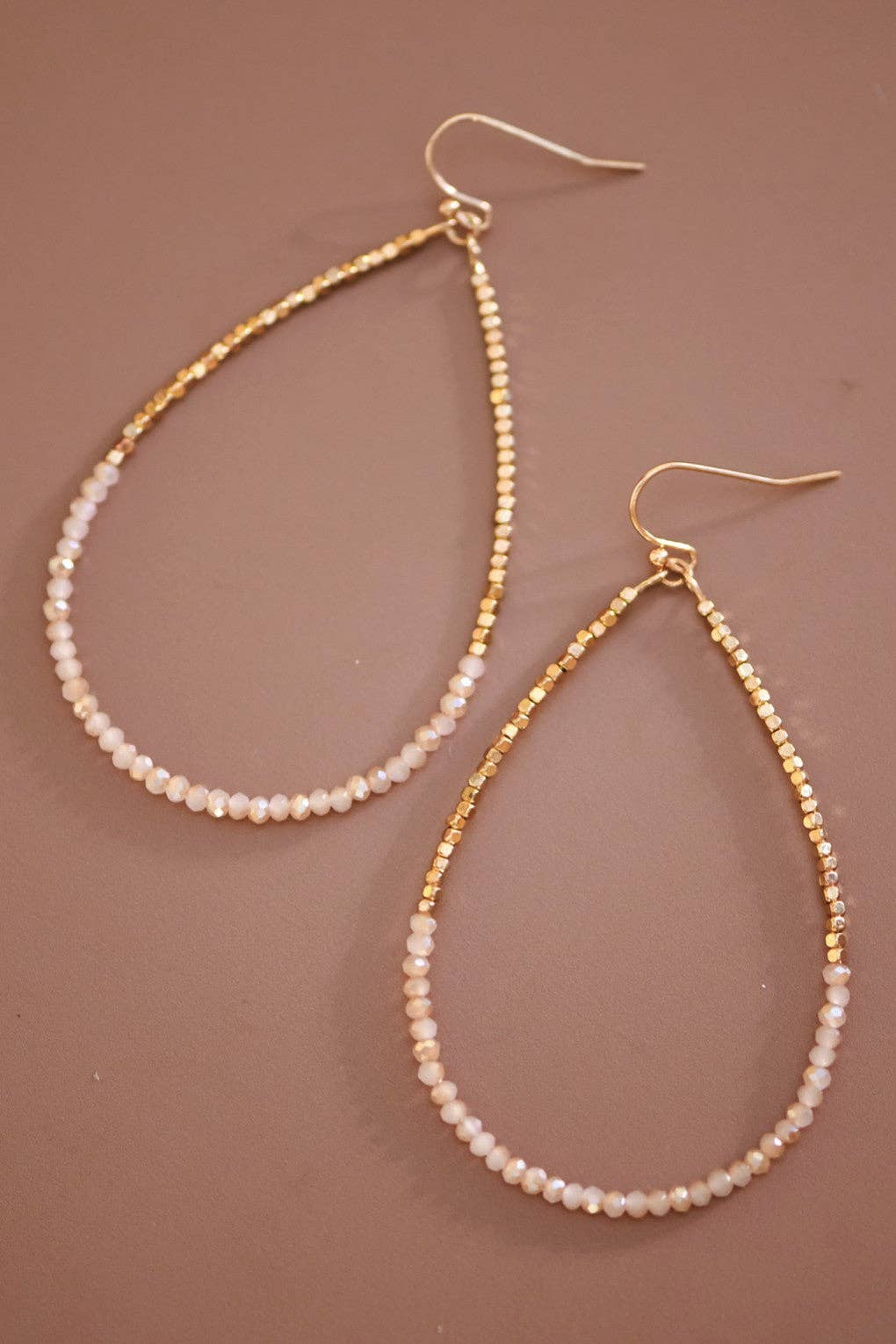 Pink Gold Beaded Hollow Drop Earrings with Glass Beads