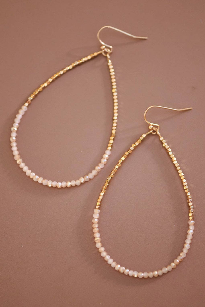 Pink Gold Beaded Hollow Drop Earrings with Glass Beads