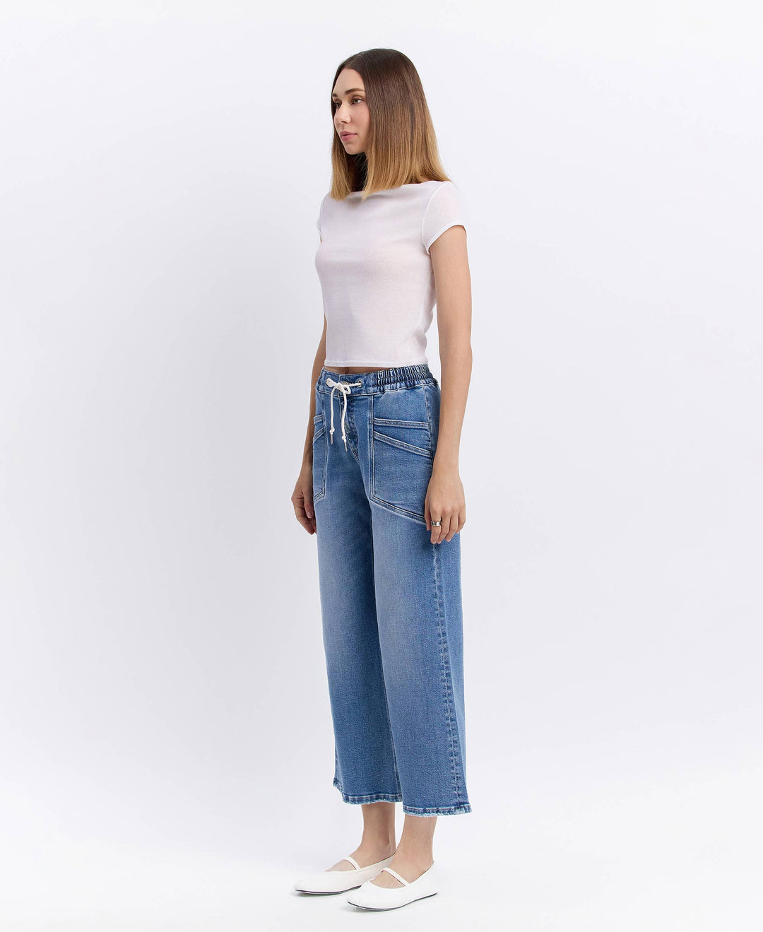 High Rise Flare Denim with Drawstring Waist
