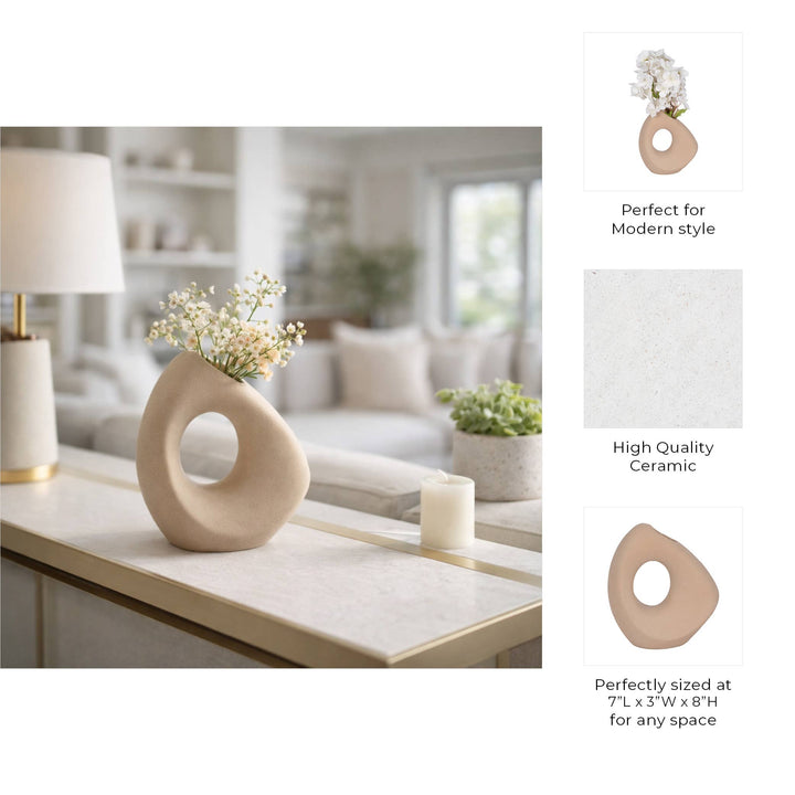 Tan 8 in. Ceramic Lopsided Open Cut-Out Vase Sand Texture