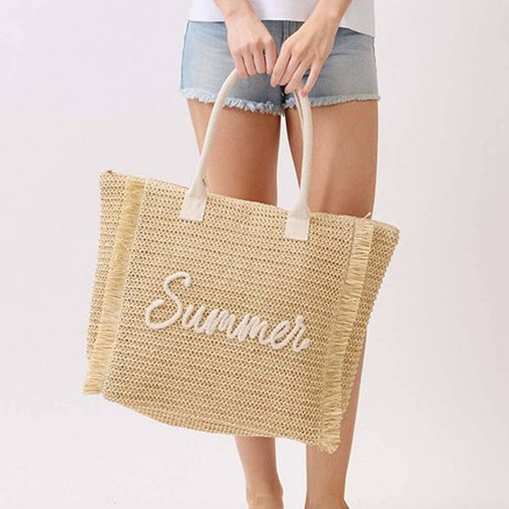 Woven Straw Fringe Tote With Summer Embroidery