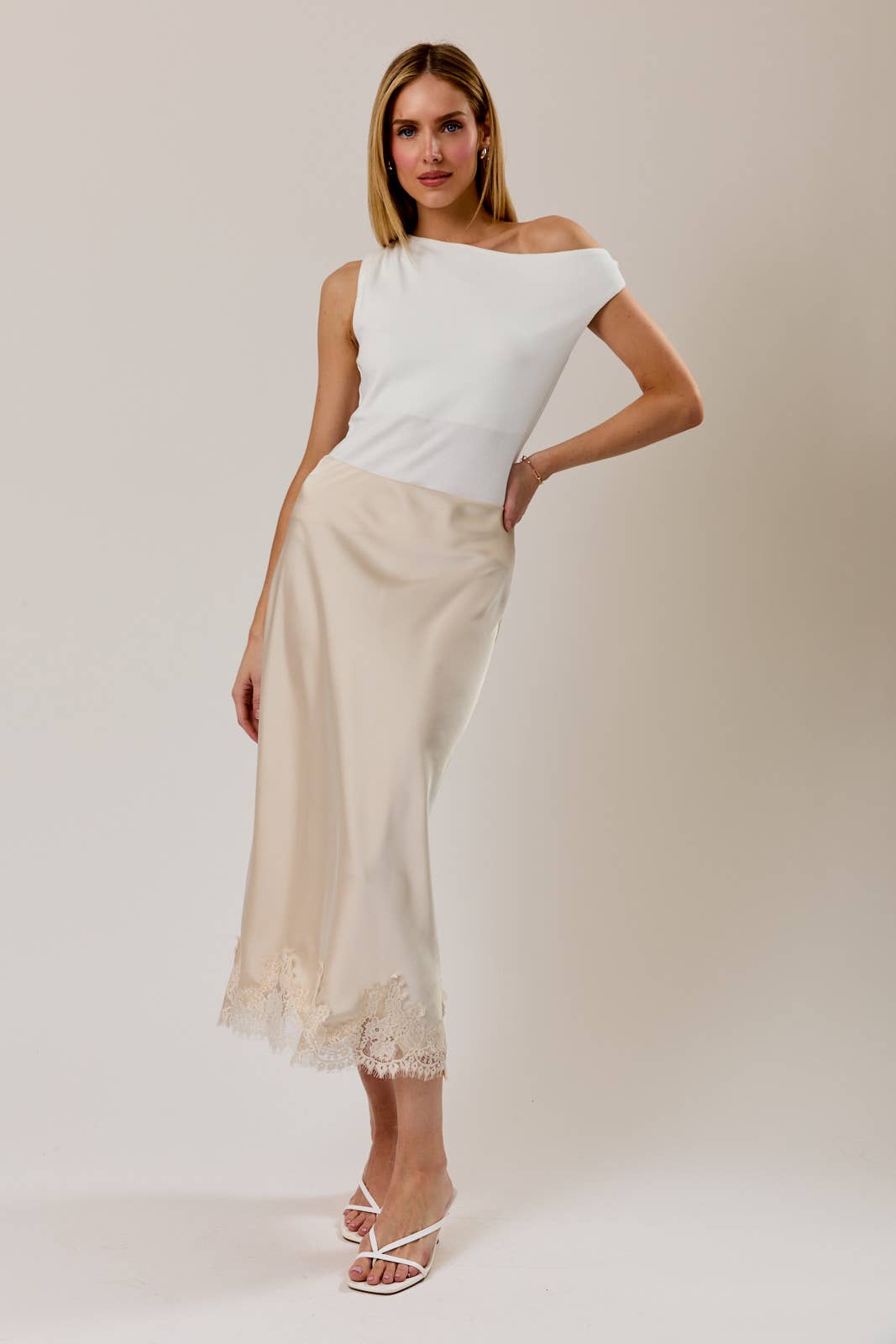 Sky Blue L ace Applique Satin Midi Skirt
