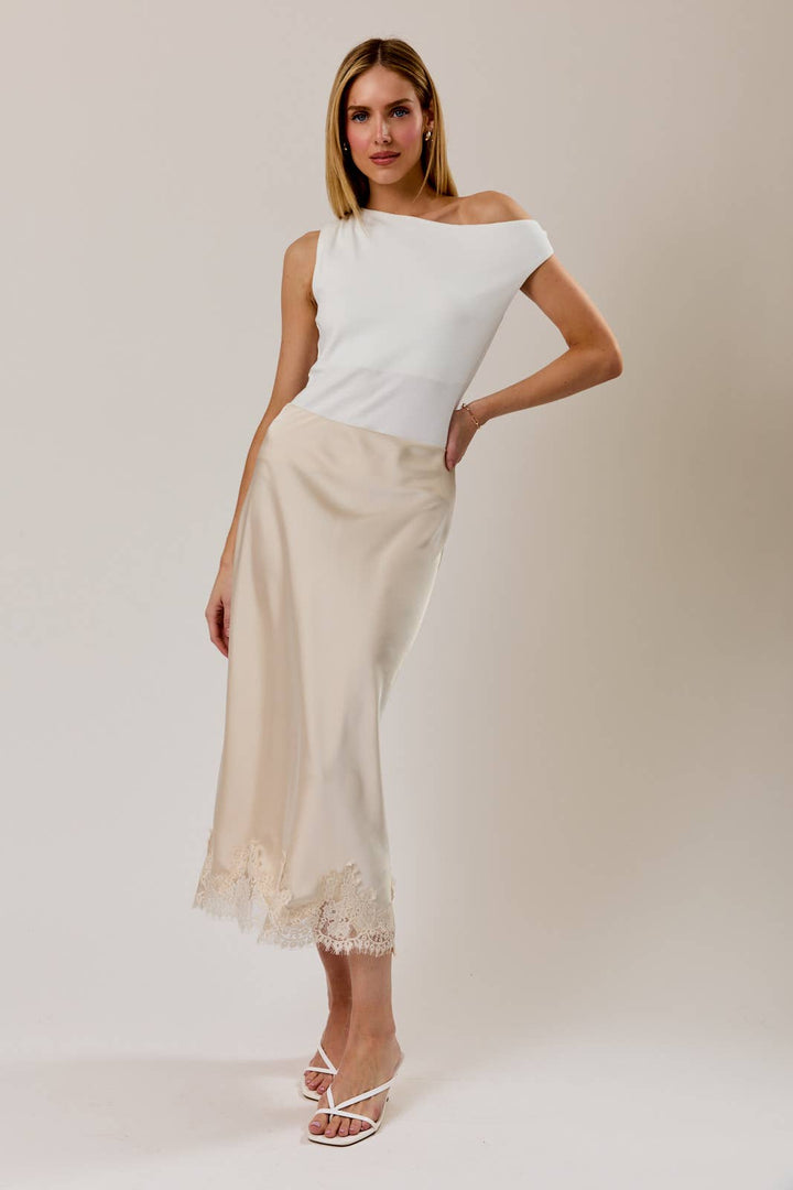 Sky Blue L ace Applique Satin Midi Skirt