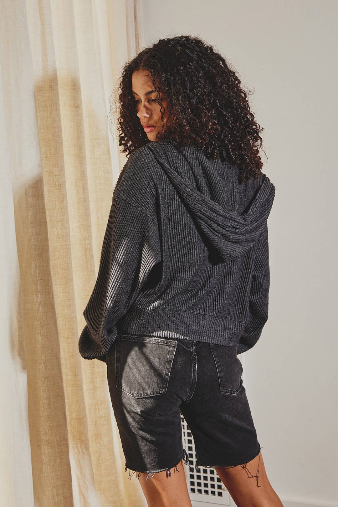 Charcoal Ribbed Knit Full-Zip Hoodie