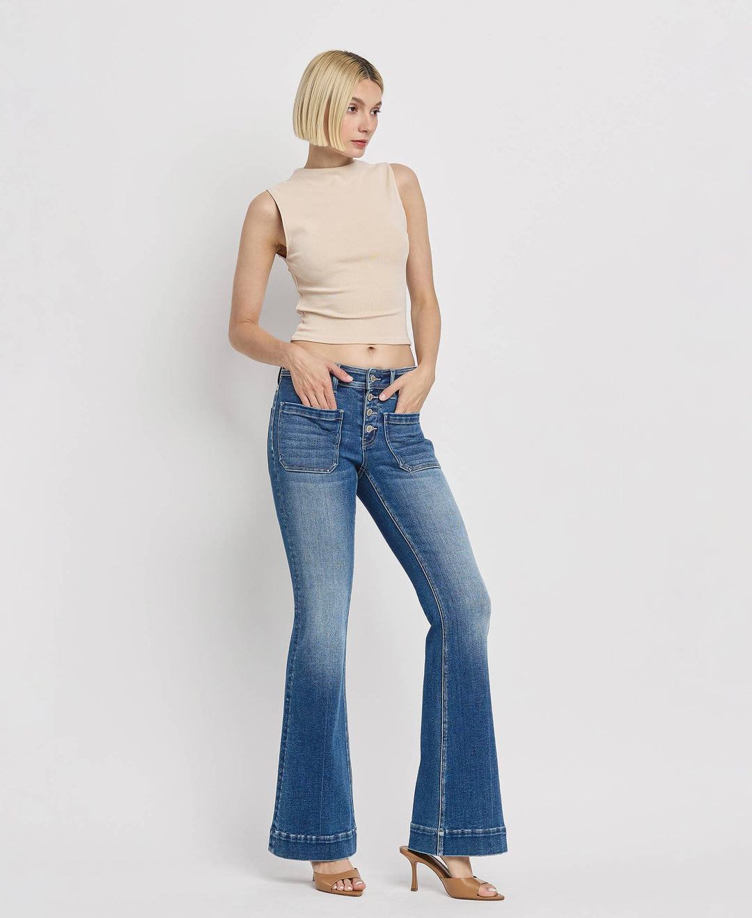 Mid Rise Patch Pocket  Flare Jean