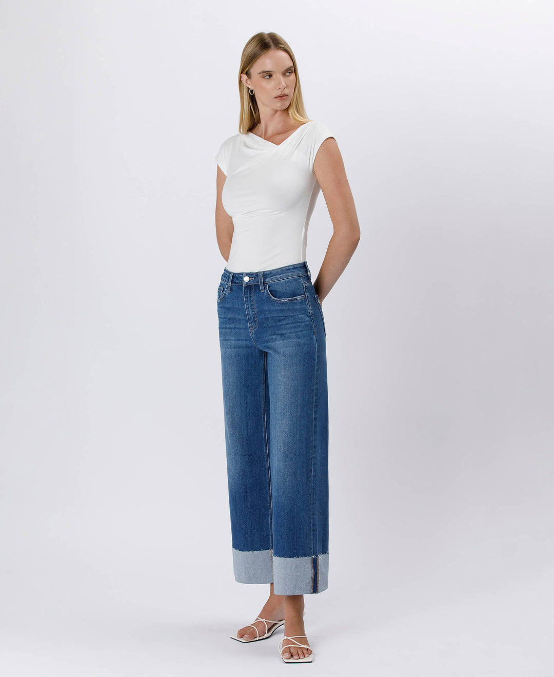 High Rise Cuffed Ankle Wide Leg Jeans