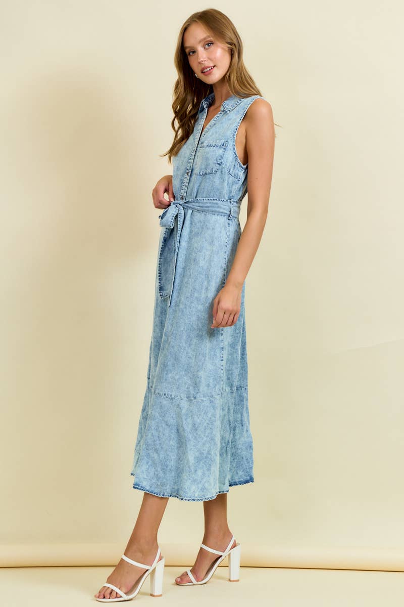 Denim Look Midi Dress with Tie Belt