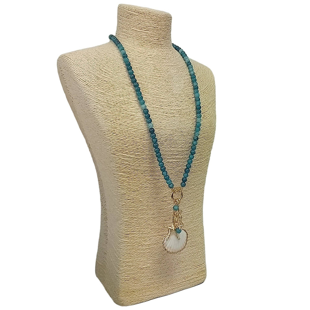 Blue Bead Long Necklace with Shell Design