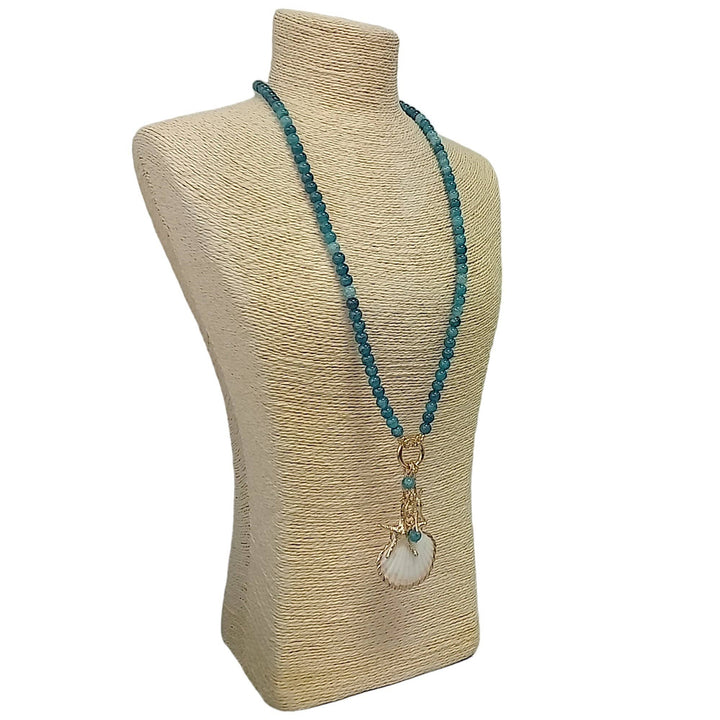 Blue Bead Long Necklace with Shell Design