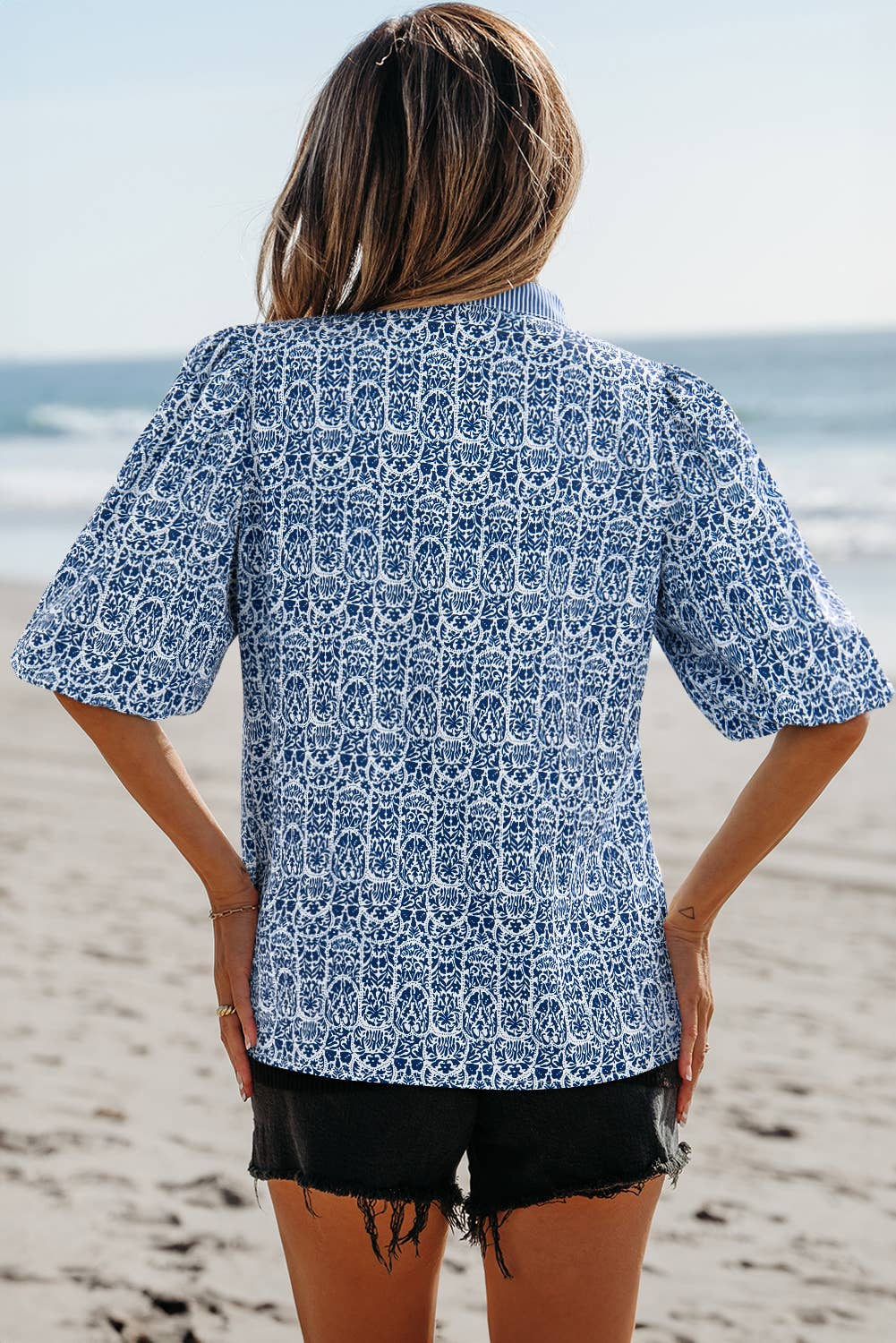 Blue &amp; White Puff Sleeve Striped Floral Blouse