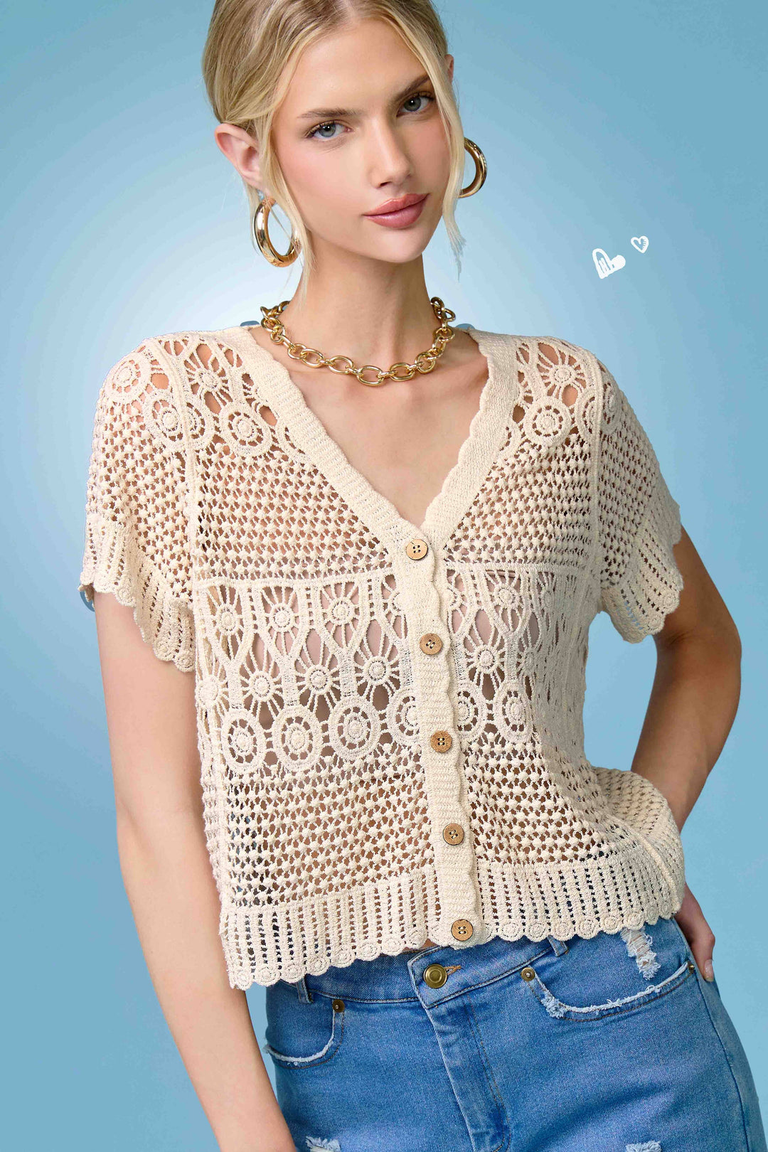 Crochet Scallop Edge Button Down Cardigan
