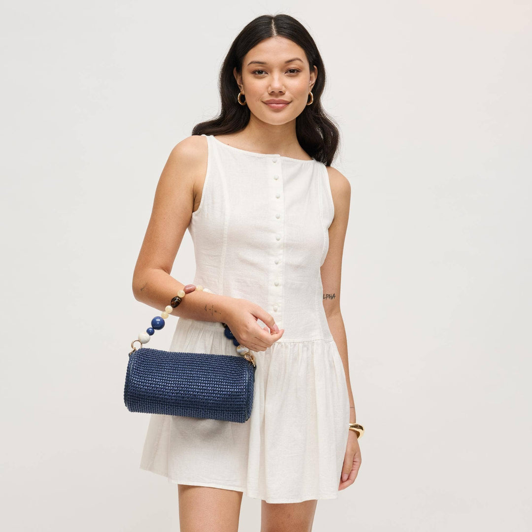 Round Straw Clutch Bag with Beaded Handle