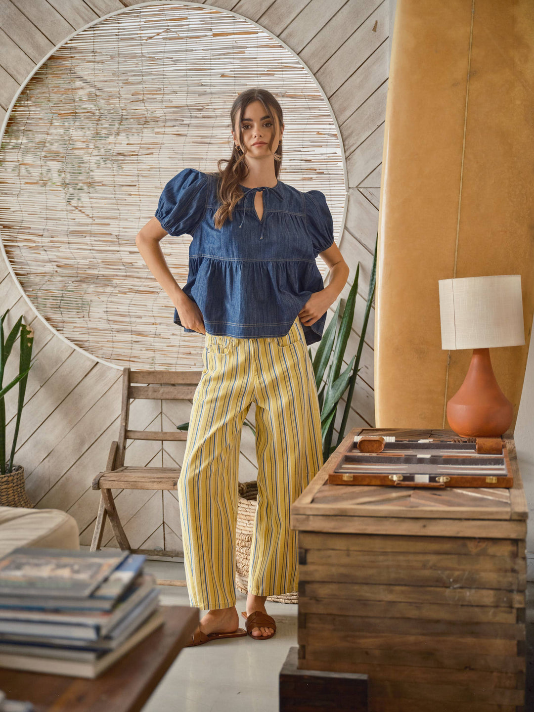 Yellow Blue Stripe Barrel Pants