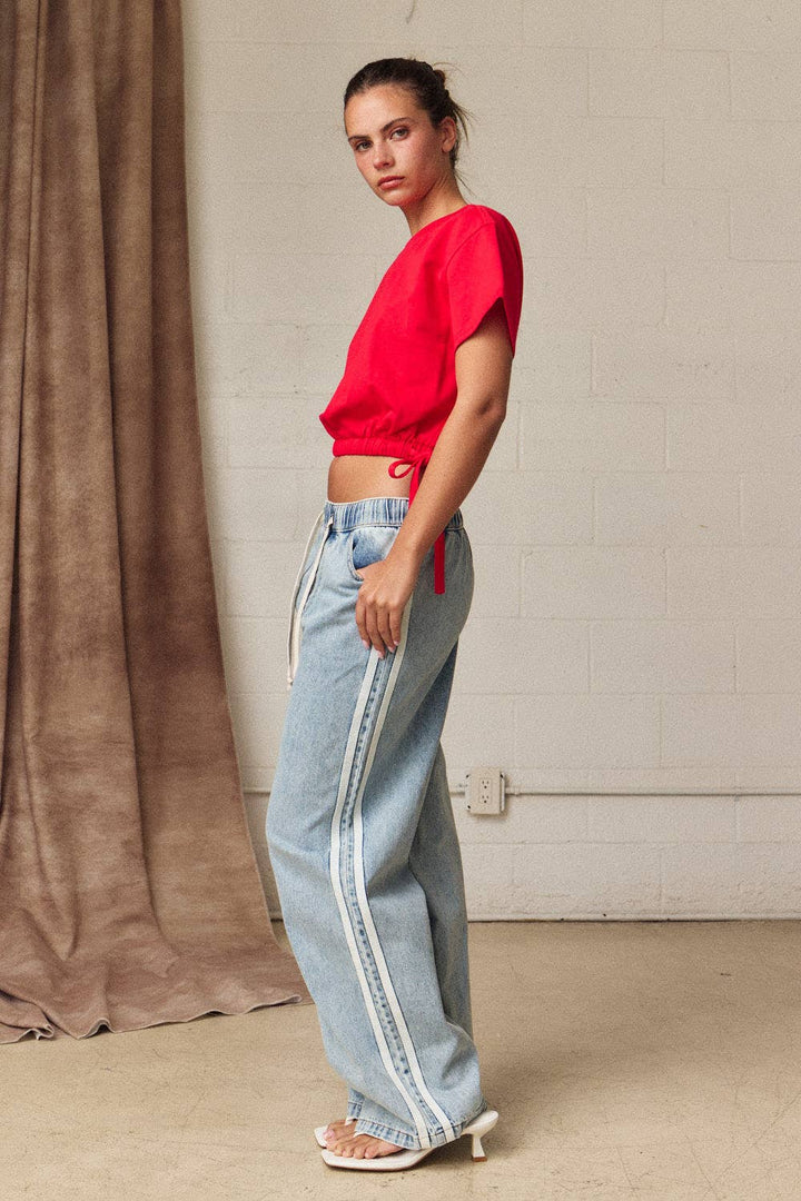 Double Stripe Wide Leg Denim Pants Relaxed Fit