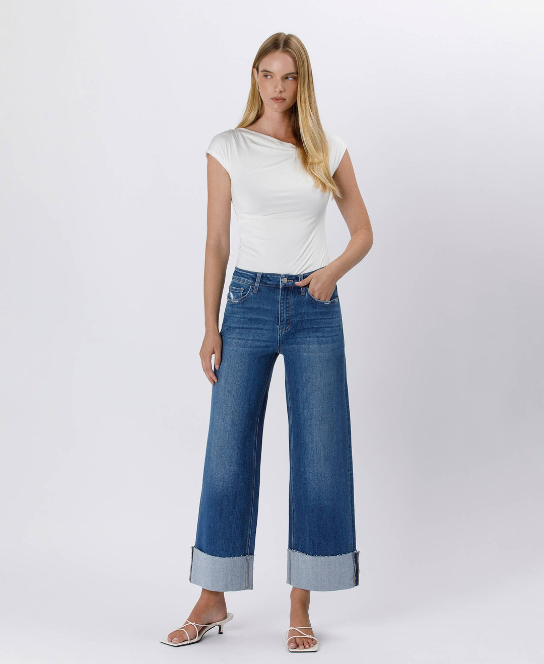 High Rise Cuffed Ankle Wide Leg Jeans