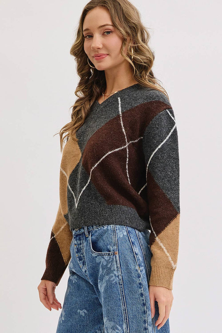 Charcoal Wine Camel  V-Neck Argyle Sweater