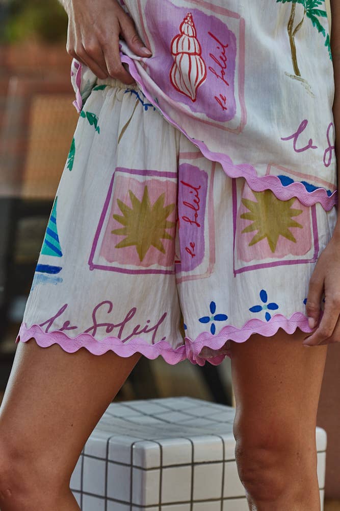 Woven Print Detail Wide Leg Shorts