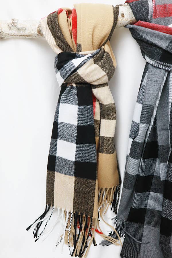 Camel Wool Plaid Cashmere Scarf With Tassel