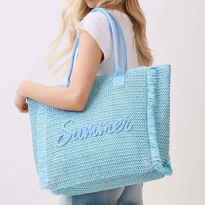 Woven Straw Fringe Tote With Summer Embroidery