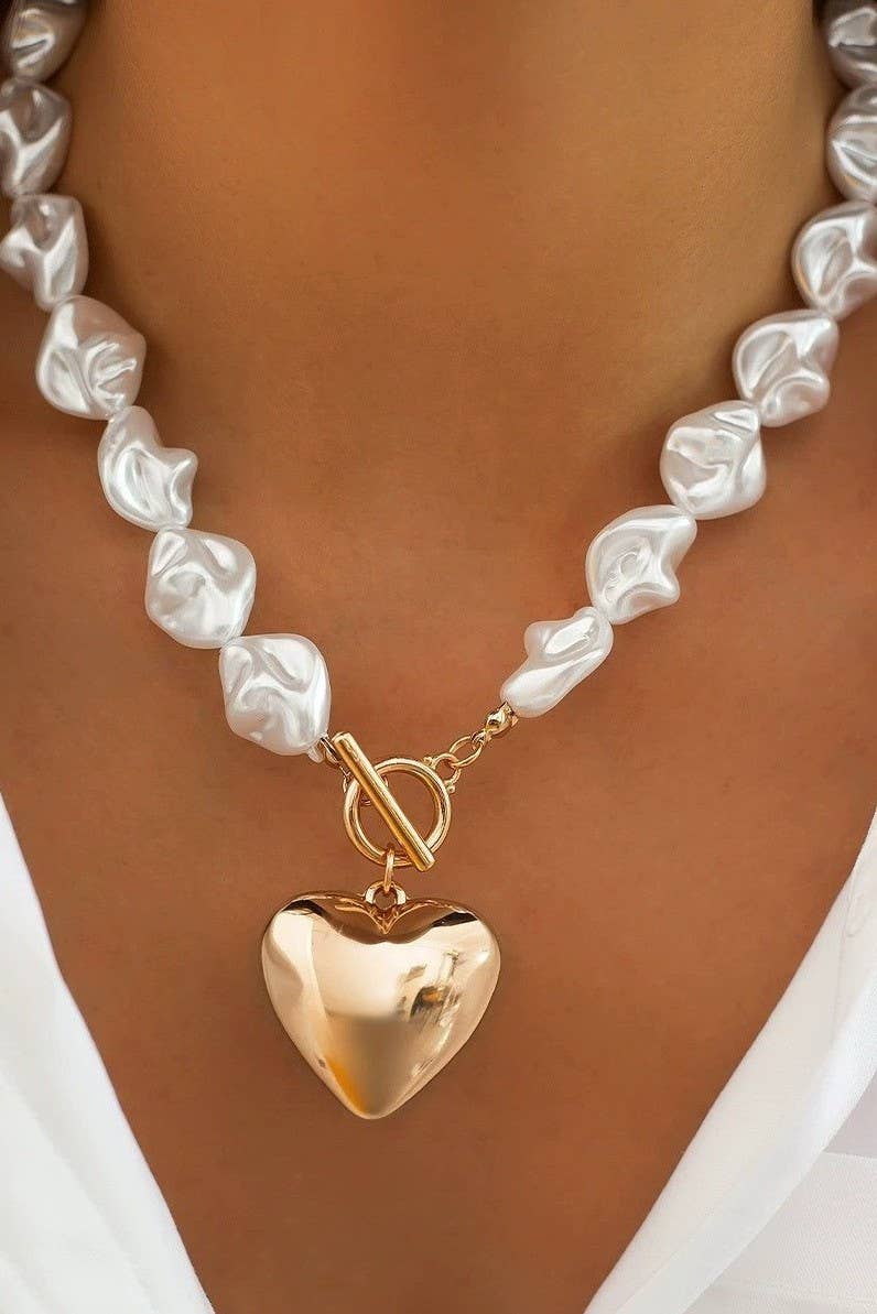 Faux Pearl Gold Heart Toggle Necklace