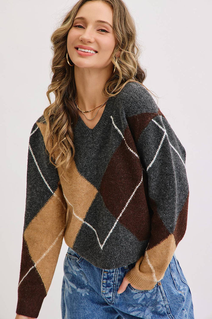 Charcoal Wine Camel  V-Neck Argyle Sweater