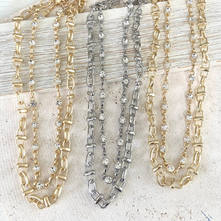 Equestrian linked chain layering crystal necklaces 