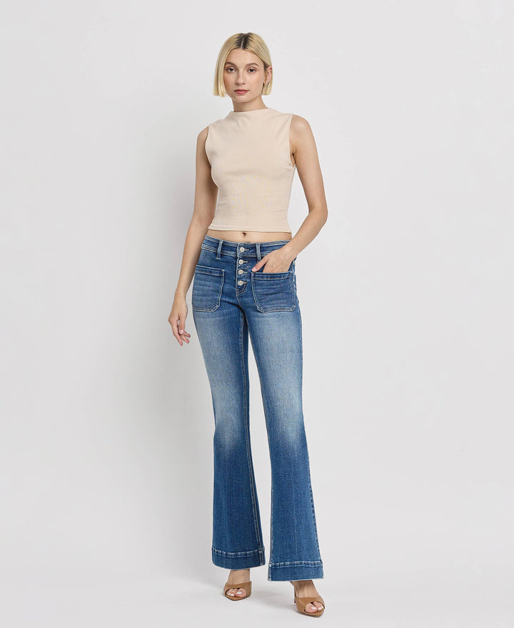 Mid Rise Patch Pocket  Flare Jean