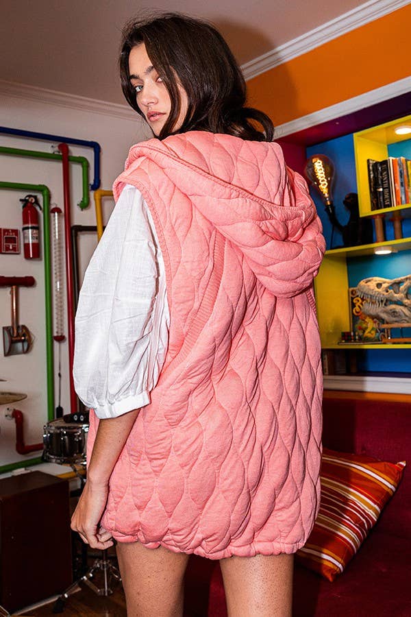 Quilted Hooded Zip-Up Vest Coral