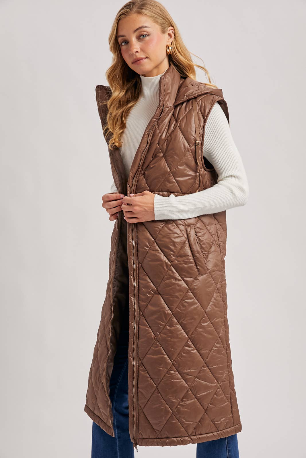 Quilt Puffer Long Hooded Vest