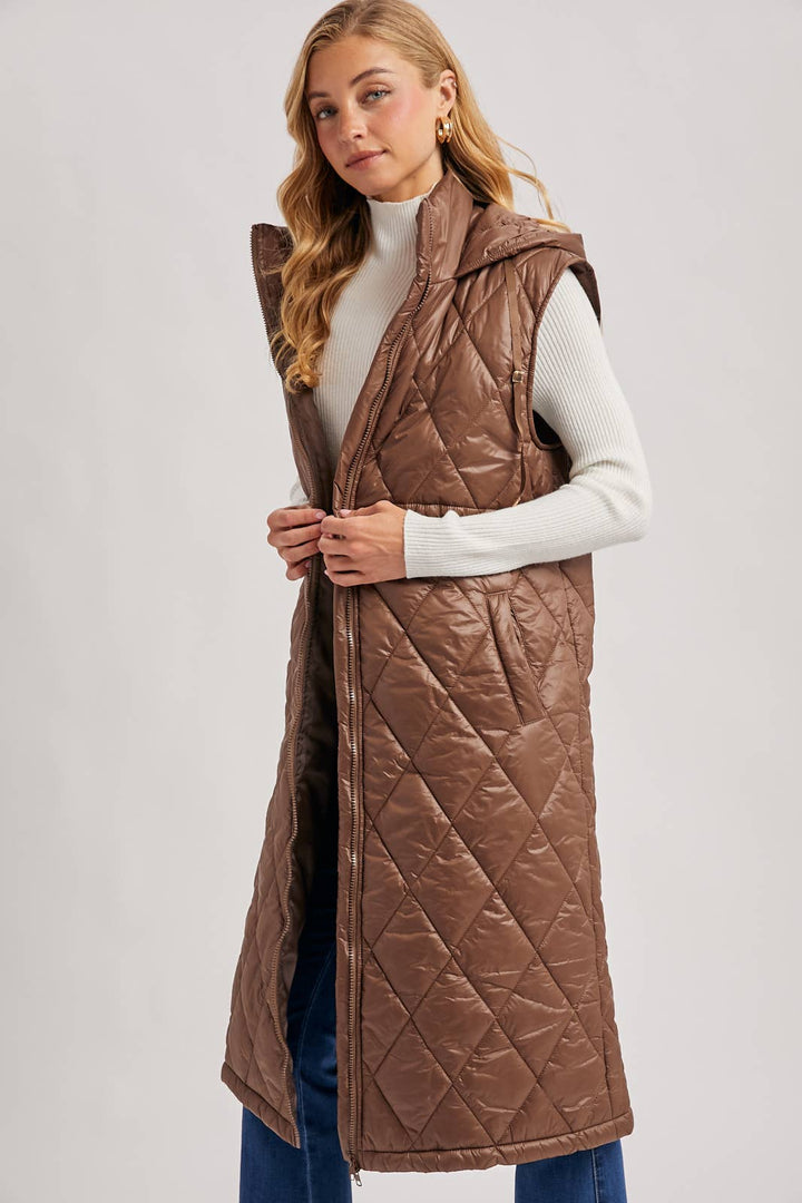 Quilt Puffer Long Hooded Vest