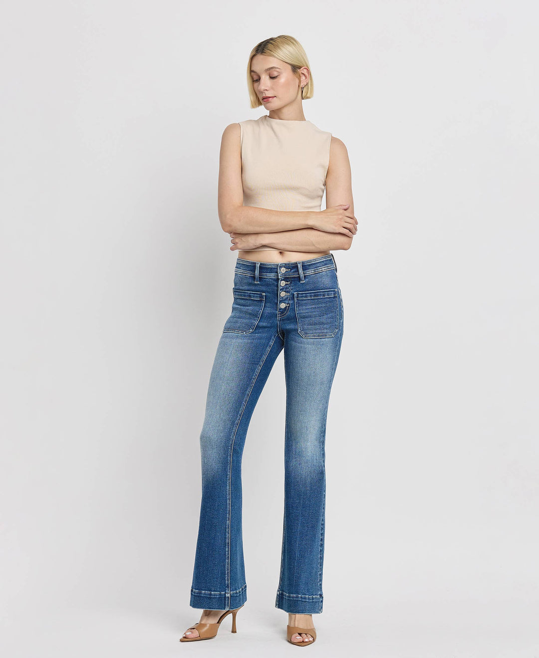 Mid Rise Patch Pocket  Flare Jean