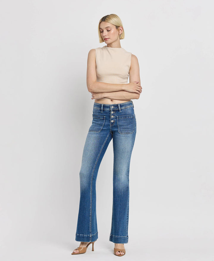 Mid Rise Patch Pocket  Flare Jean