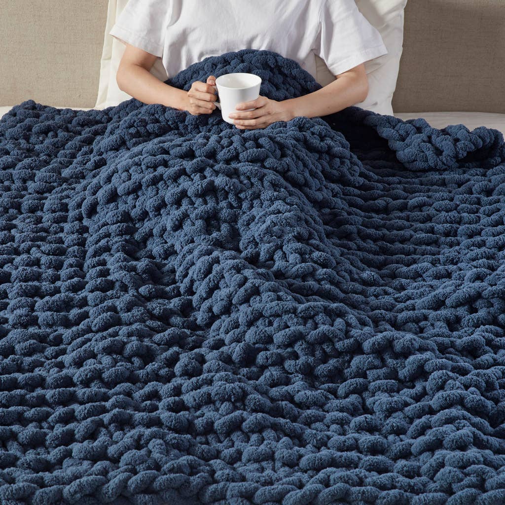 Chenille Chunky Knit Throw  Navy Blue