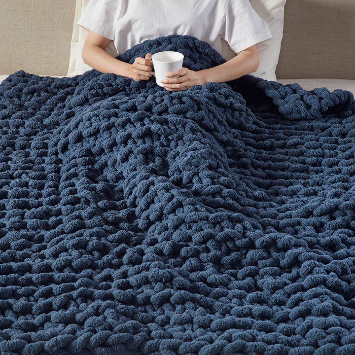Chenille Chunky Knit Throw  Navy Blue