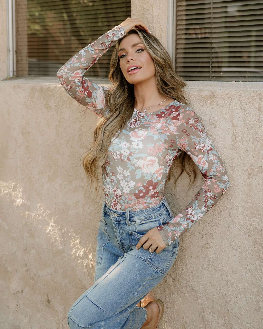 Green Floral Print Mesh Long Sleeve Top