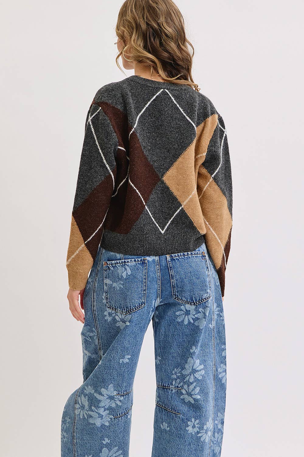 Charcoal Wine Camel  V-Neck Argyle Sweater