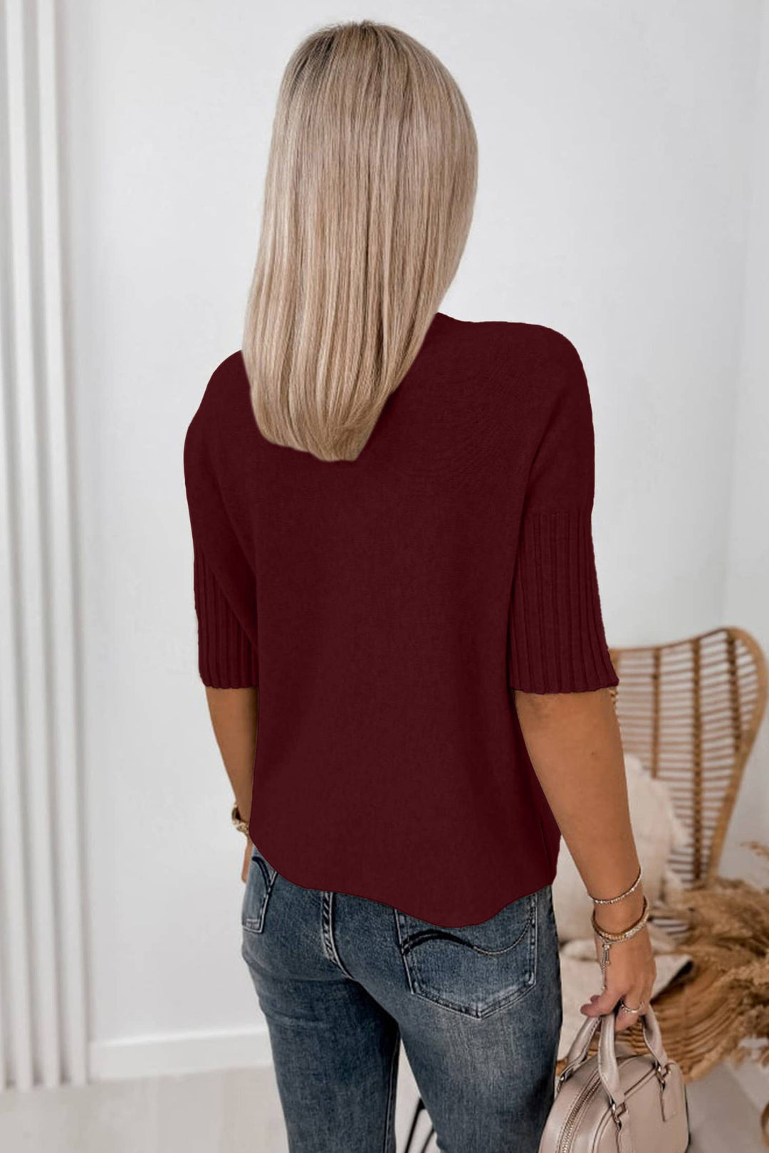Tan  Ribbed High Neck Short Sleeve Sweater