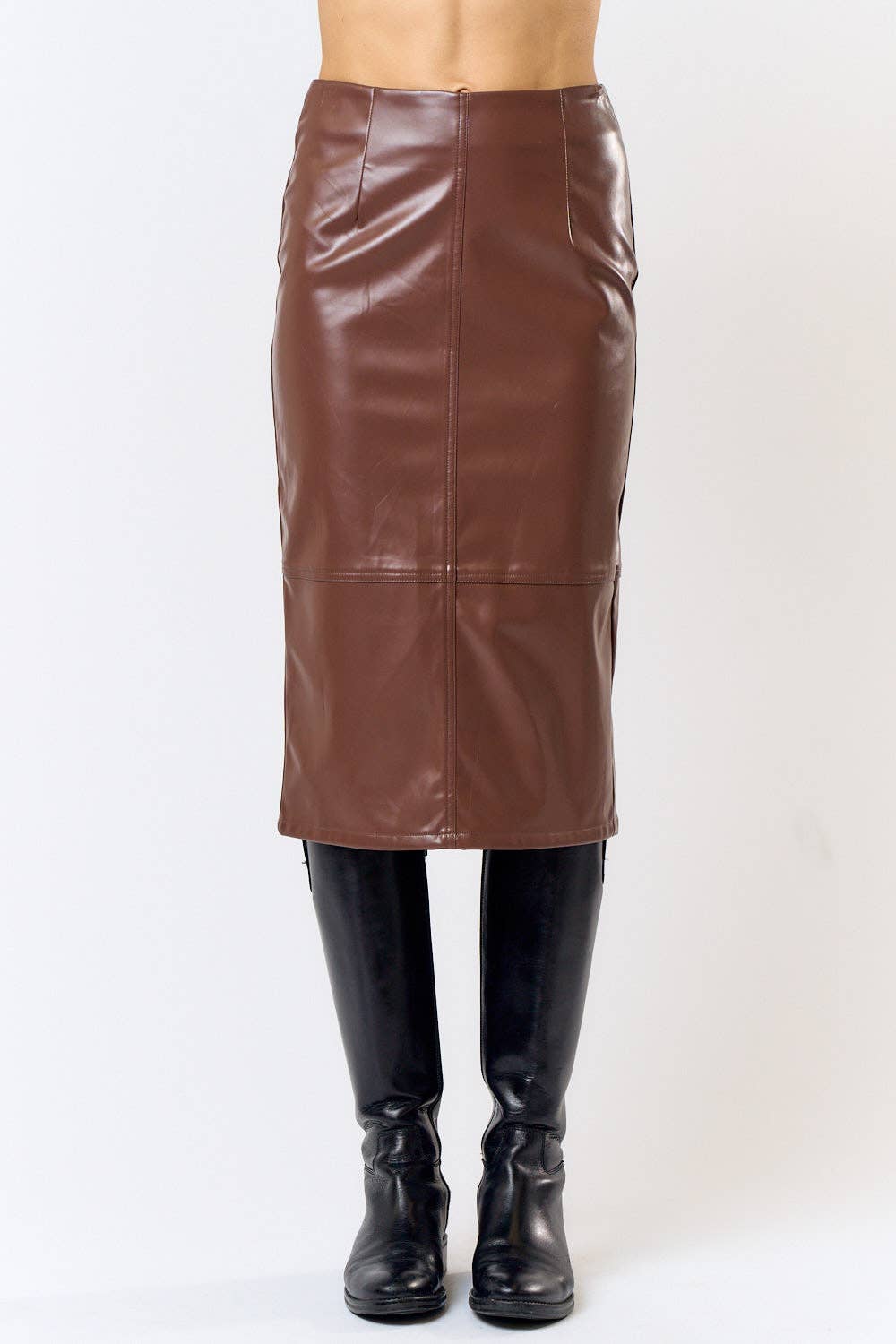 Black High Waist Leather Midi Skirt