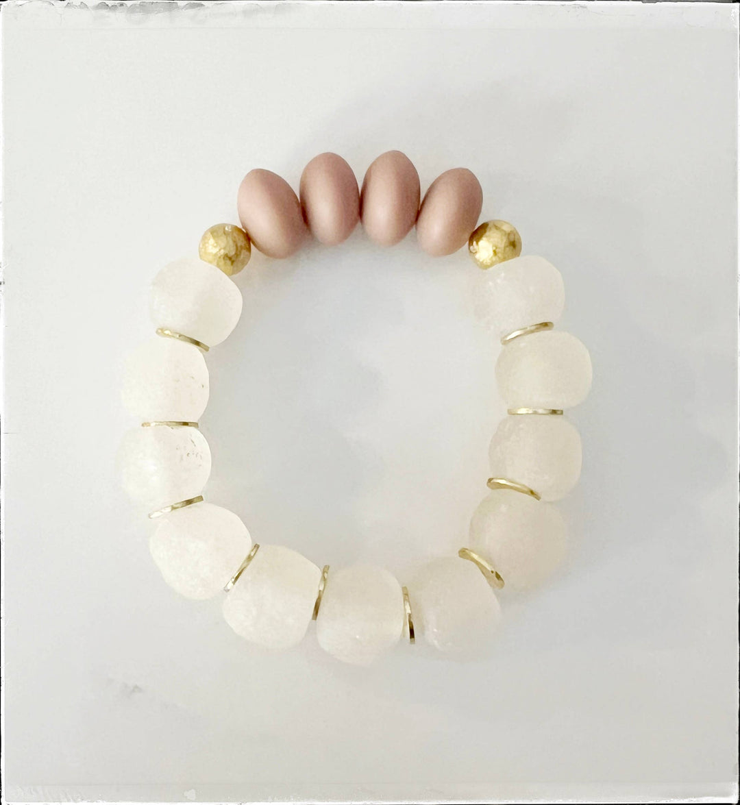 Acrylic Resin &amp; Recycled Glass Bead Stretch Bracelet- Taupe