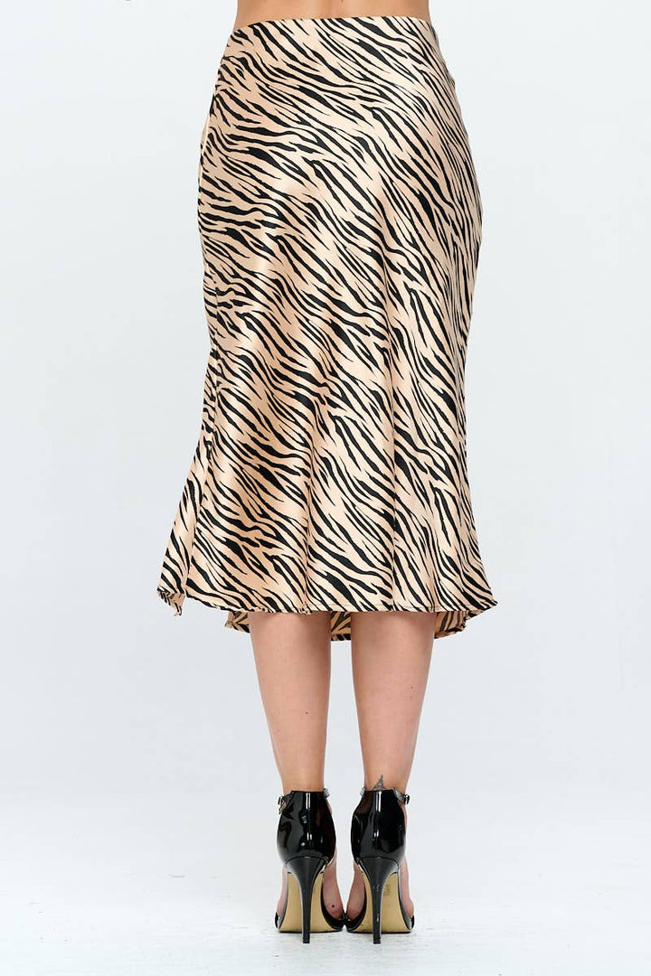 Zebra Print Satin Midi Skirt