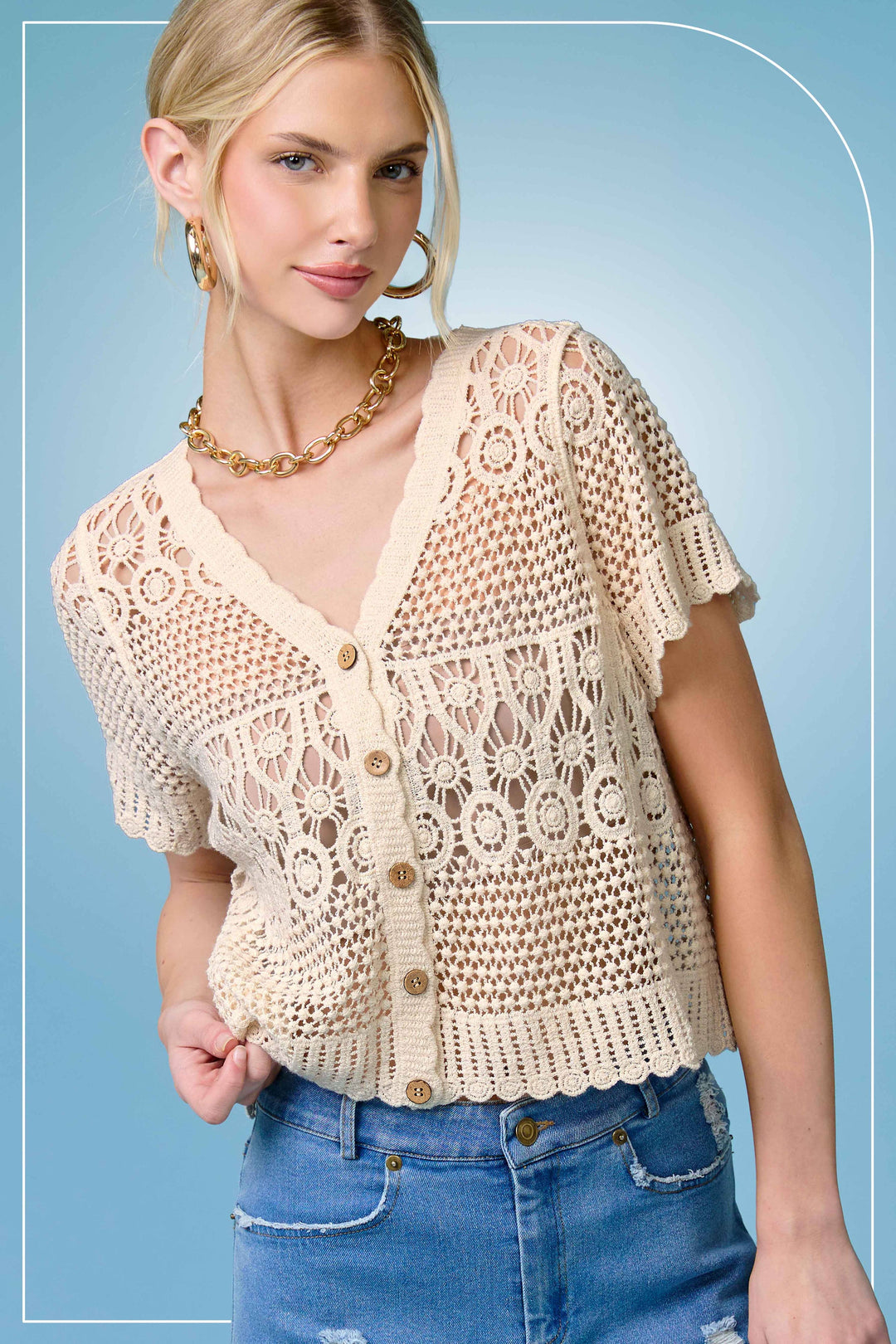 Crochet Scallop Edge Button Down Cardigan